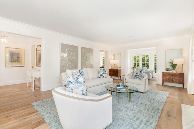 living room with ornamental molding and light hardwood / wood-style flooring