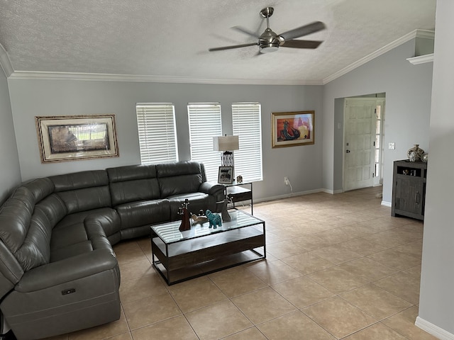 tiled living room with vaulted ceiling, ornamental molding, a textured ceiling, and ceiling fan