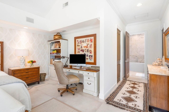 tiled home office with ornamental molding