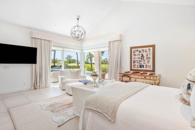 tiled bedroom featuring a chandelier and high vaulted ceiling