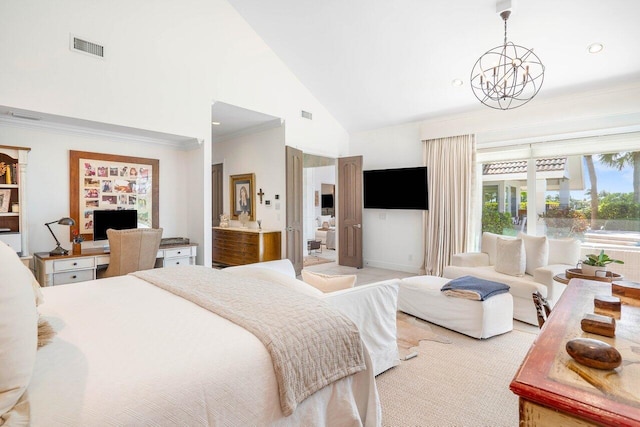 bedroom with ensuite bath, a notable chandelier, high vaulted ceiling, a fireplace, and crown molding