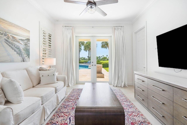 living room with ceiling fan, french doors, and crown molding