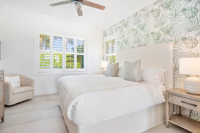 bedroom with crown molding and ceiling fan