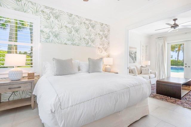 tiled bedroom with crown molding, ceiling fan, access to outside, and multiple windows