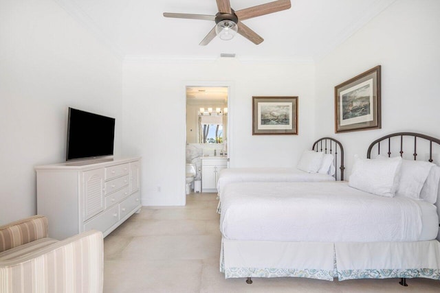 bedroom featuring ornamental molding, ensuite bath, and ceiling fan