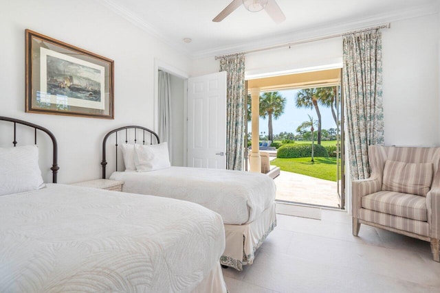 bedroom featuring ornamental molding, access to exterior, and ceiling fan