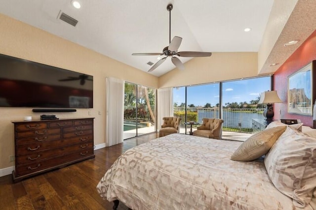 bedroom featuring ceiling fan, access to outside, high vaulted ceiling, dark hardwood / wood-style floors, and a water view