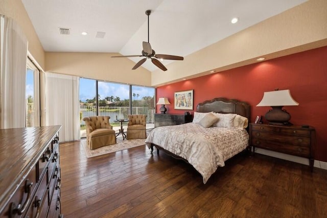 bedroom with dark hardwood / wood-style floors, ceiling fan, access to exterior, and vaulted ceiling