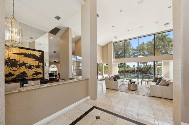 reception area with a notable chandelier