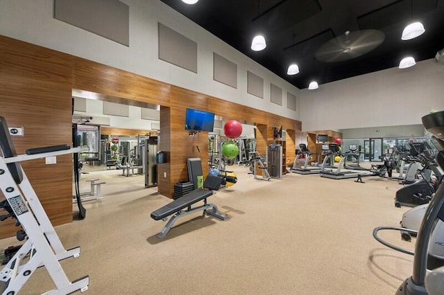 exercise room with carpet, a towering ceiling, and wood walls