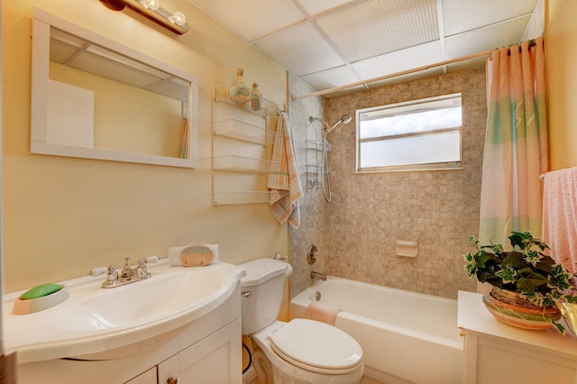 full bathroom with shower / tub combo, toilet, and vanity