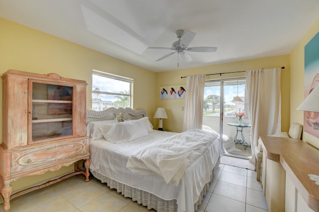 tiled bedroom featuring access to exterior and ceiling fan