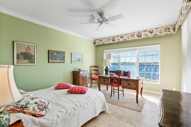 bedroom with ceiling fan, crown molding, and a water view