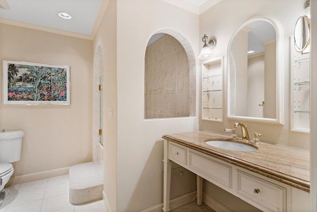 bathroom featuring tile flooring, oversized vanity, ornamental molding, and toilet