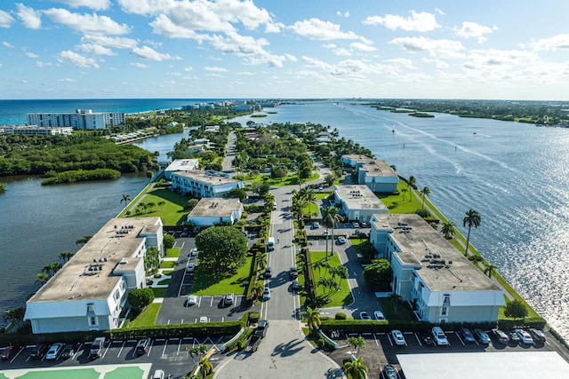 bird's eye view with a water view