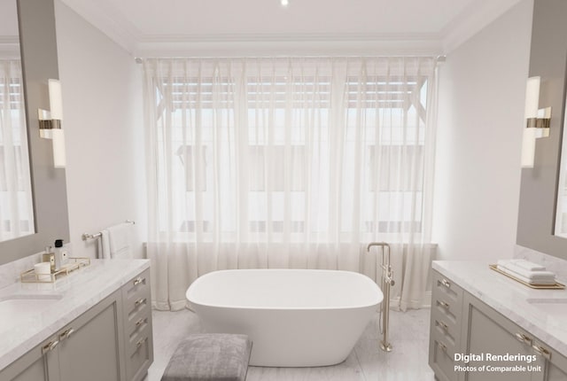 bathroom with crown molding, vanity, and a bath