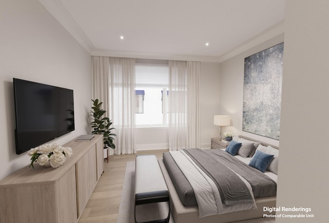 bedroom featuring light hardwood / wood-style floors and ornamental molding