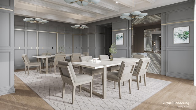 dining space featuring ceiling fan with notable chandelier, ornamental molding, beamed ceiling, and light hardwood / wood-style flooring