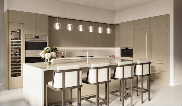 kitchen with pendant lighting, a kitchen bar, stainless steel double oven, and light tile patterned floors