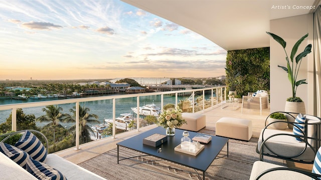 balcony at dusk featuring a water view and outdoor lounge area