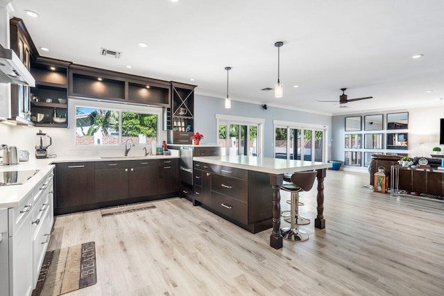 kitchen with hanging light fixtures, light hardwood / wood-style floors, ceiling fan, and a wealth of natural light