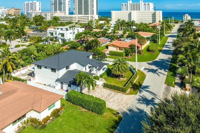 bird's eye view with a water view