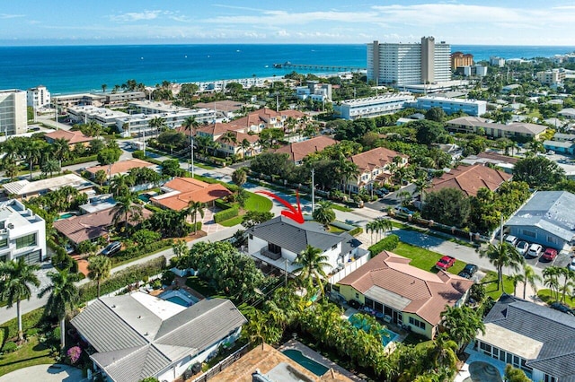 drone / aerial view with a water view