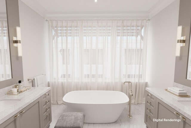 bathroom with crown molding, vanity, and a bathtub