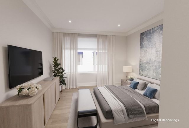 bedroom featuring ornamental molding and light wood-type flooring