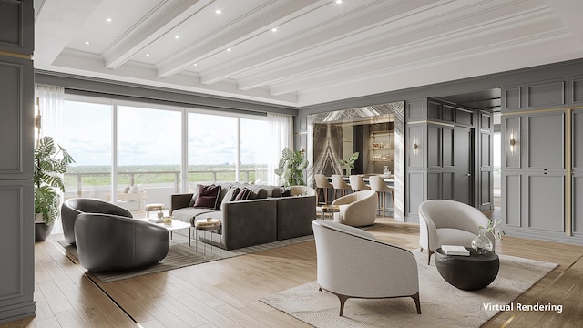 living room featuring beam ceiling, crown molding, and light hardwood / wood-style flooring