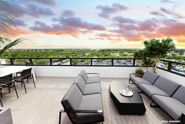 patio terrace at dusk with a balcony and an outdoor hangout area