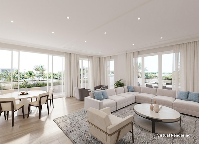 living room featuring light wood-type flooring, ornamental molding, and a wealth of natural light