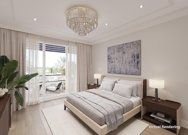 bedroom featuring a chandelier, light hardwood / wood-style floors, access to outside, and ornamental molding