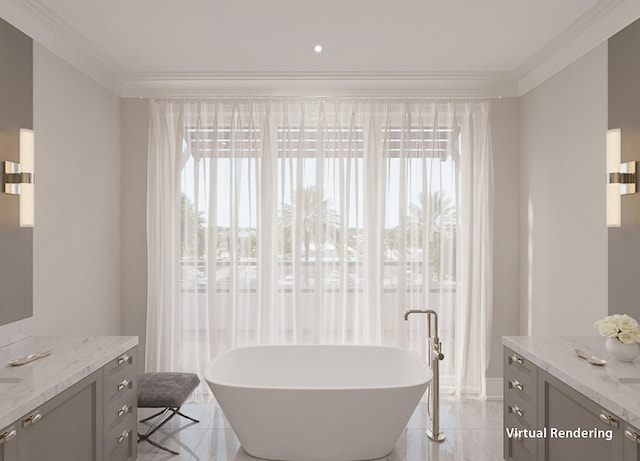 bathroom featuring tile patterned floors, a washtub, crown molding, and vanity