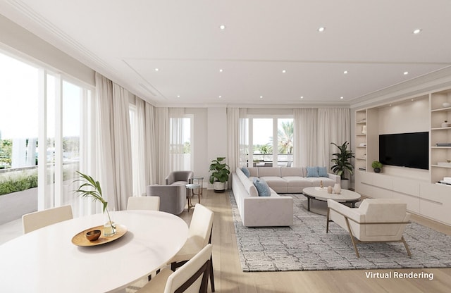 living room featuring ornamental molding, built in shelves, and light hardwood / wood-style floors