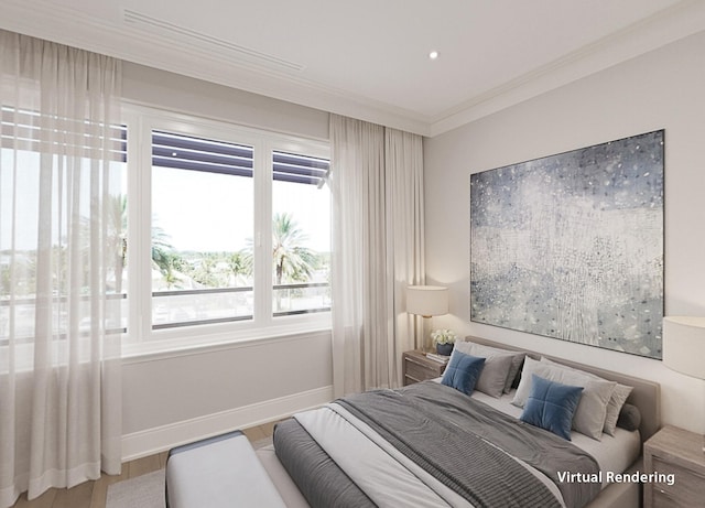 bedroom with crown molding and hardwood / wood-style flooring