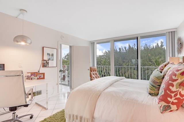 tiled bedroom with access to outside and multiple windows