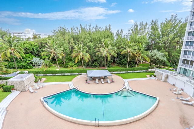 view of swimming pool with a yard and a patio area