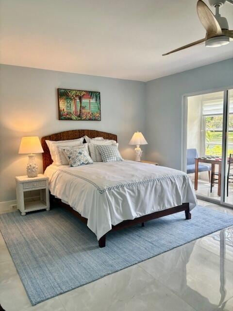 bedroom featuring access to outside and ceiling fan