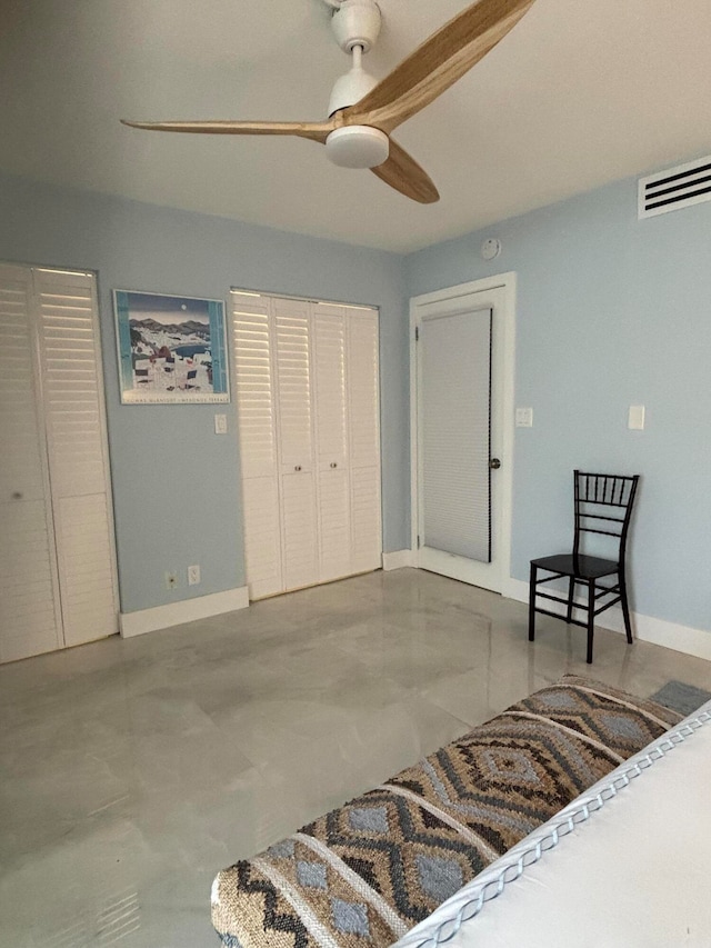 bedroom featuring ceiling fan and a closet