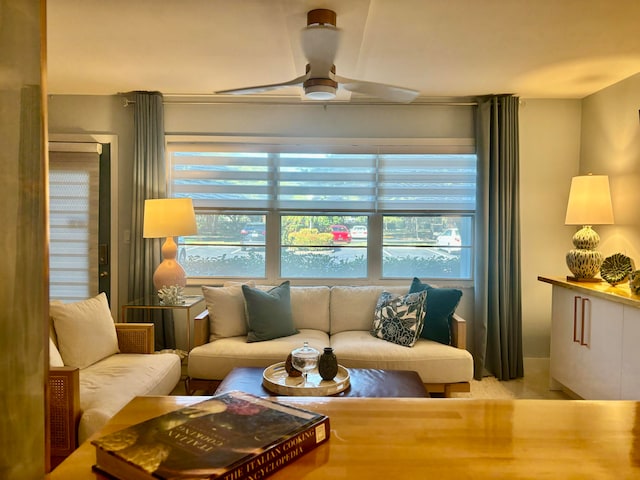 living room featuring ceiling fan