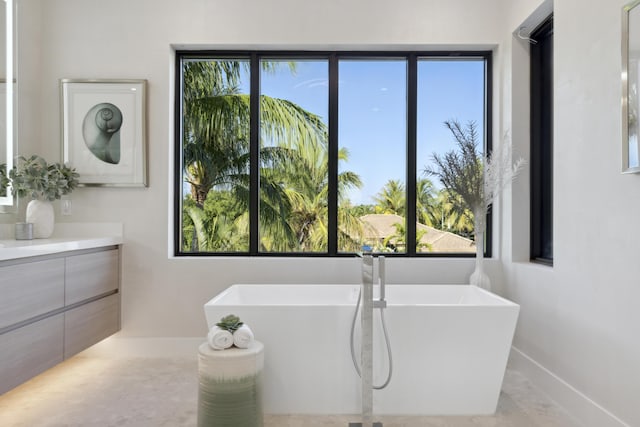 full bath featuring vanity, a freestanding tub, and plenty of natural light