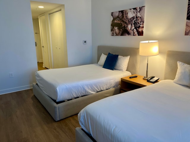 bedroom with a closet and dark wood-type flooring