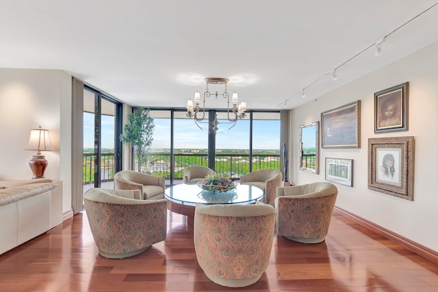 dining room with a wealth of natural light, a chandelier, rail lighting, and hardwood / wood-style flooring