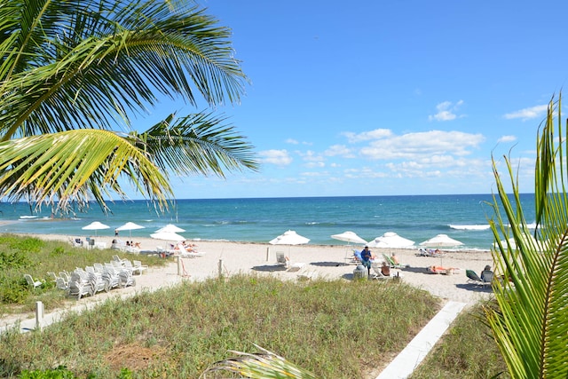 view of water feature with a beach view