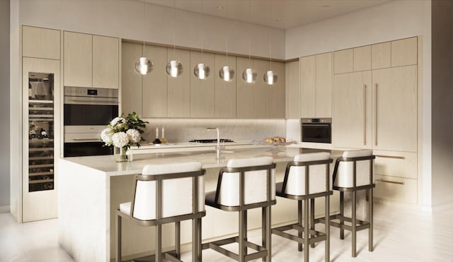 kitchen featuring a center island with sink, stainless steel double oven, a kitchen bar, and hanging light fixtures