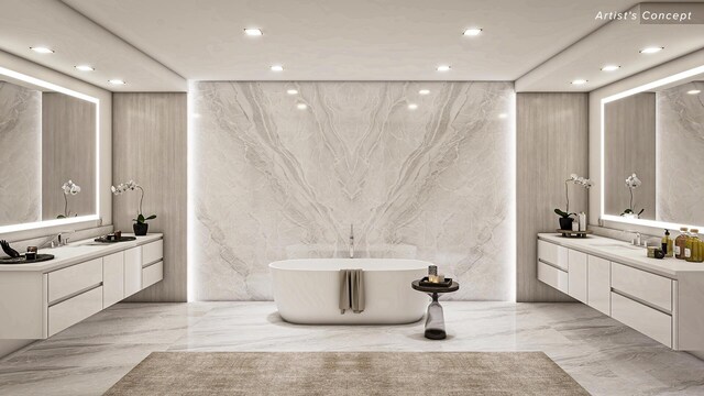 bathroom with a tub to relax in and vanity