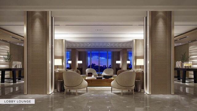 living room with a water view and beam ceiling