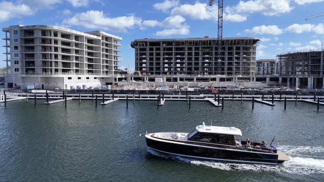 view of water feature with a dock