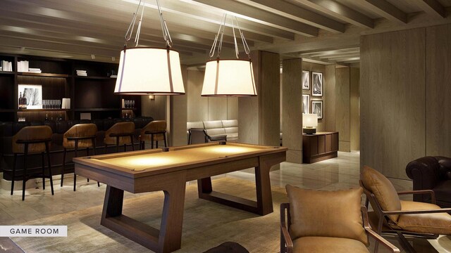 playroom featuring pool table, wooden walls, and beamed ceiling